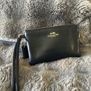 Coach Black Leather Wristlet with Gold Accents